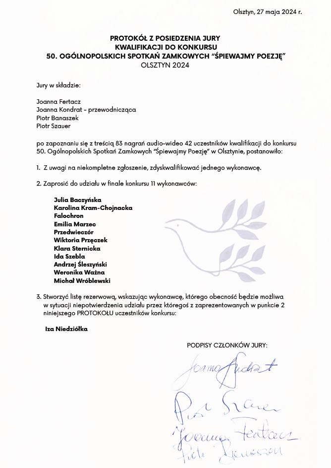 Protokół z posiedzenia jury konkursu 50. Ogólnopolskich Spotkań Zamkowych 
