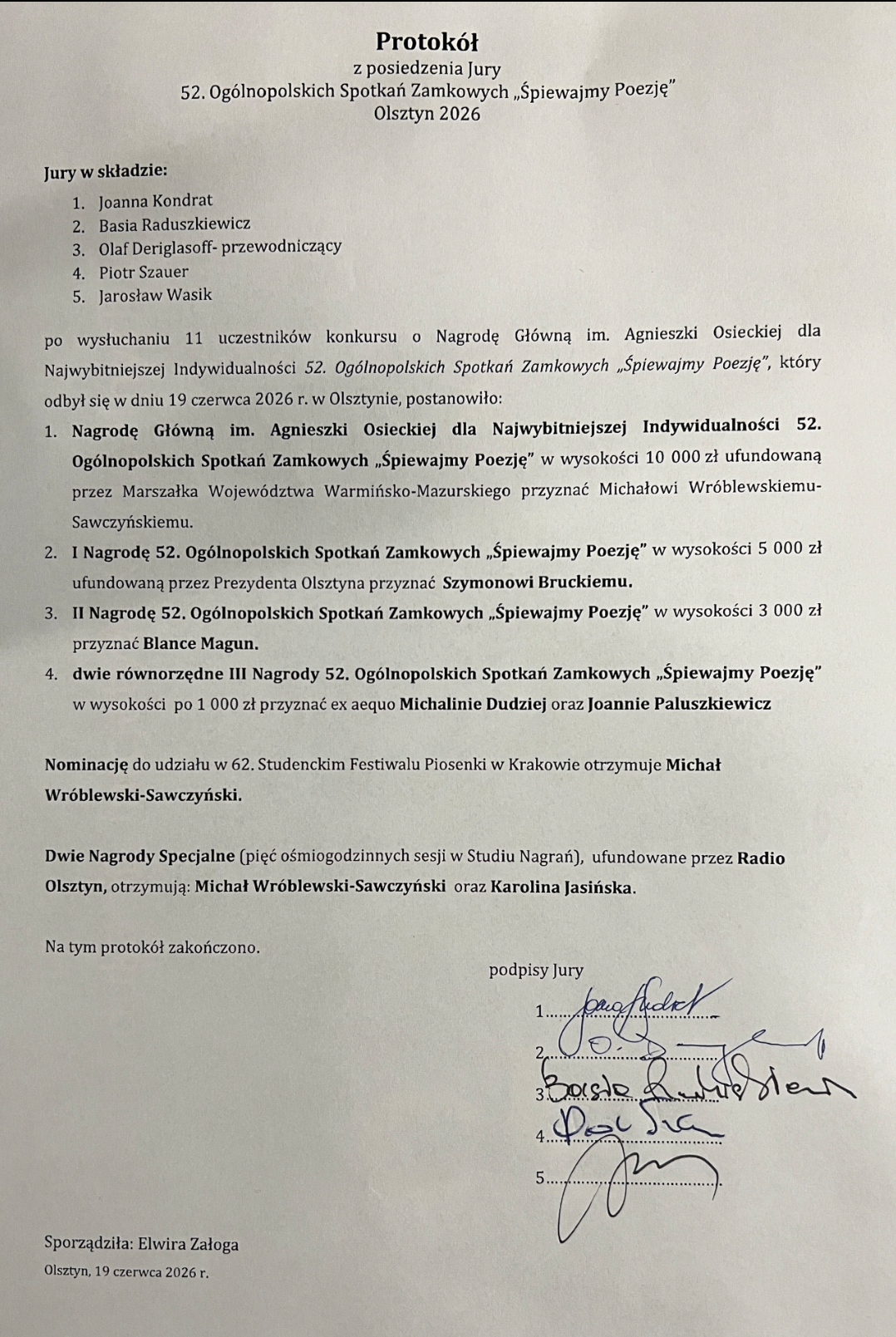 Protokół z wynikami konkursu 52. Ogólnopolskich Spotkań Zamkowych 